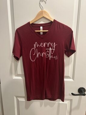 Bella Canvas Heather CVC V-Neck “Merry Christmas” Maroon Christian Tee